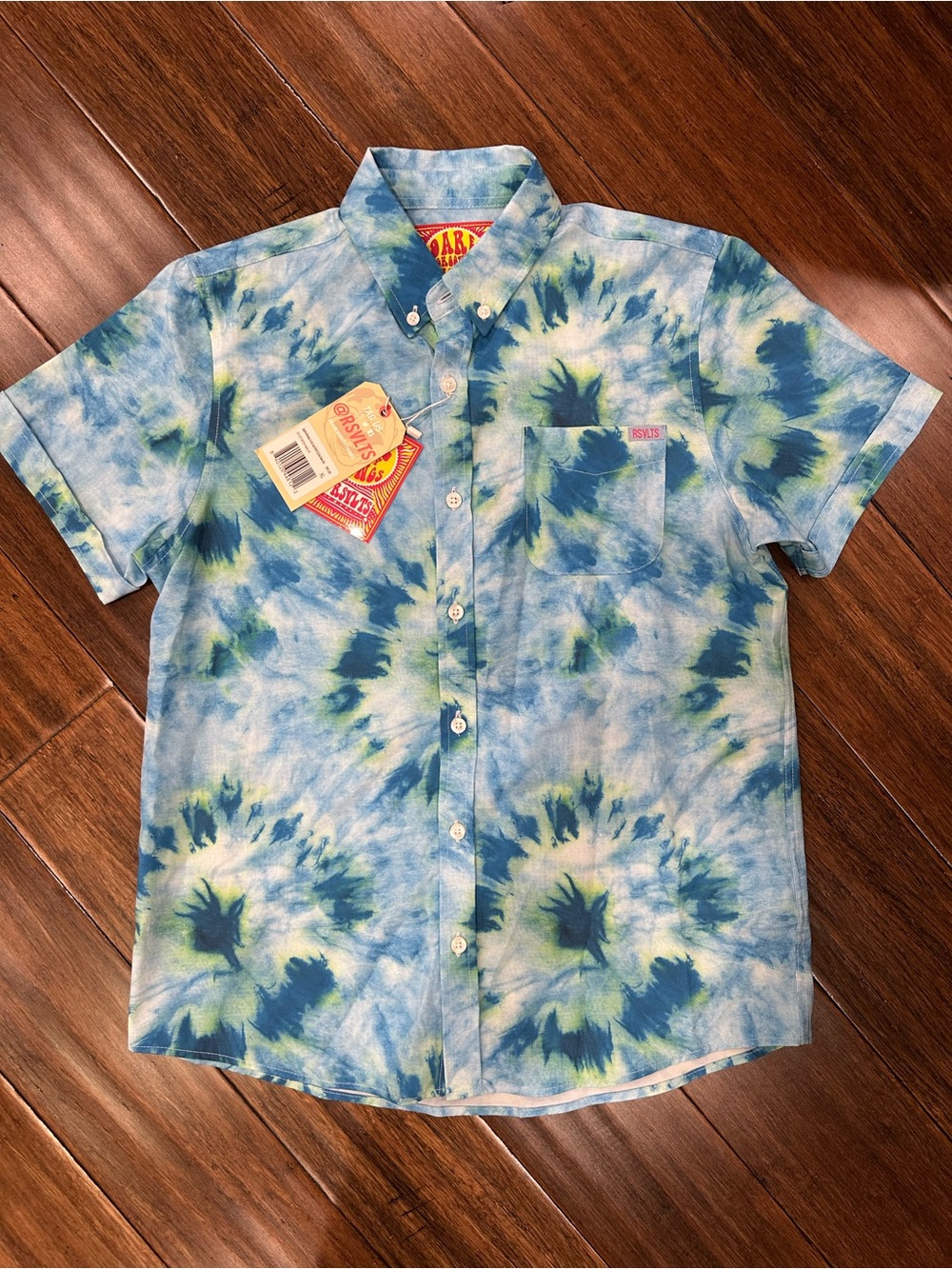 RSVLTS Kids XL Moonbeam Tie-Dye KUNUFLEX Button-Up Shirt Blue Green NWT